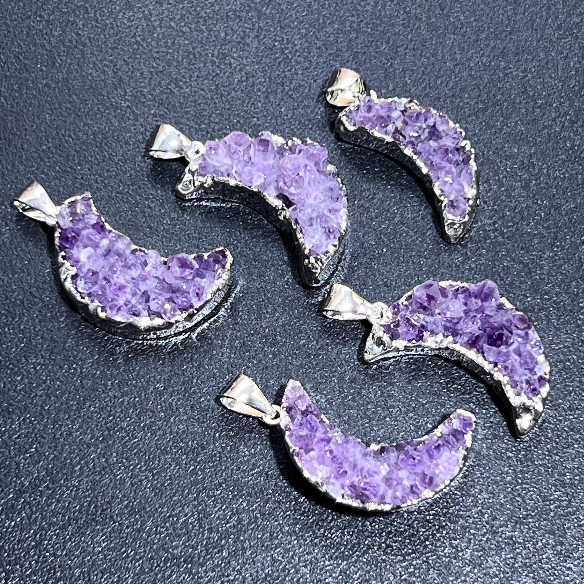 Crescent Moon Pendant (Amethyst Druzy Crystal)(Silver Plated) Gemstone Jewelry Necklace Charm Supply Amazing Crystals
