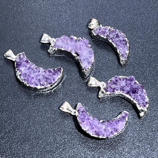Crescent Moon Pendant (Amethyst Druzy Crystal)(Silver Plated) Gemstone Jewelry Necklace Charm Supply Amazing Crystals