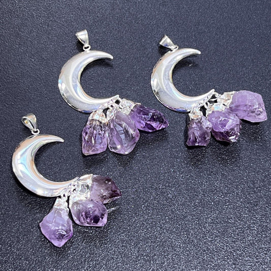 Amethyst Crystal Crescent Moon Pendant (Silver Plated)(3 Crystals) Gemstone Jewelry Necklace Supply Amazing Crystals