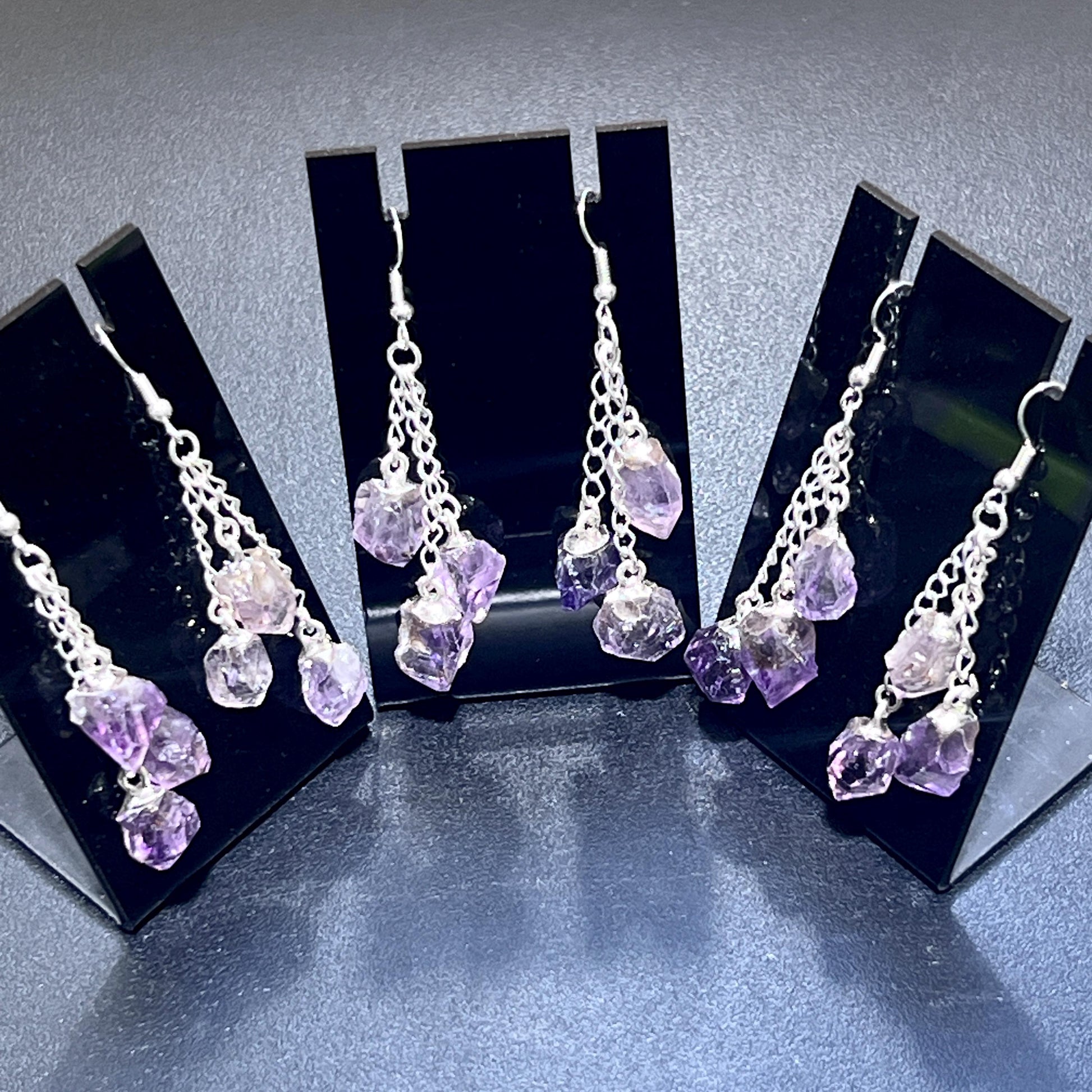 Amethyst Crystal Earrings Pair (Stainless Steel Silver Hooks) Long Dangle Gemstone Jewelry Supply Amazing Crystals