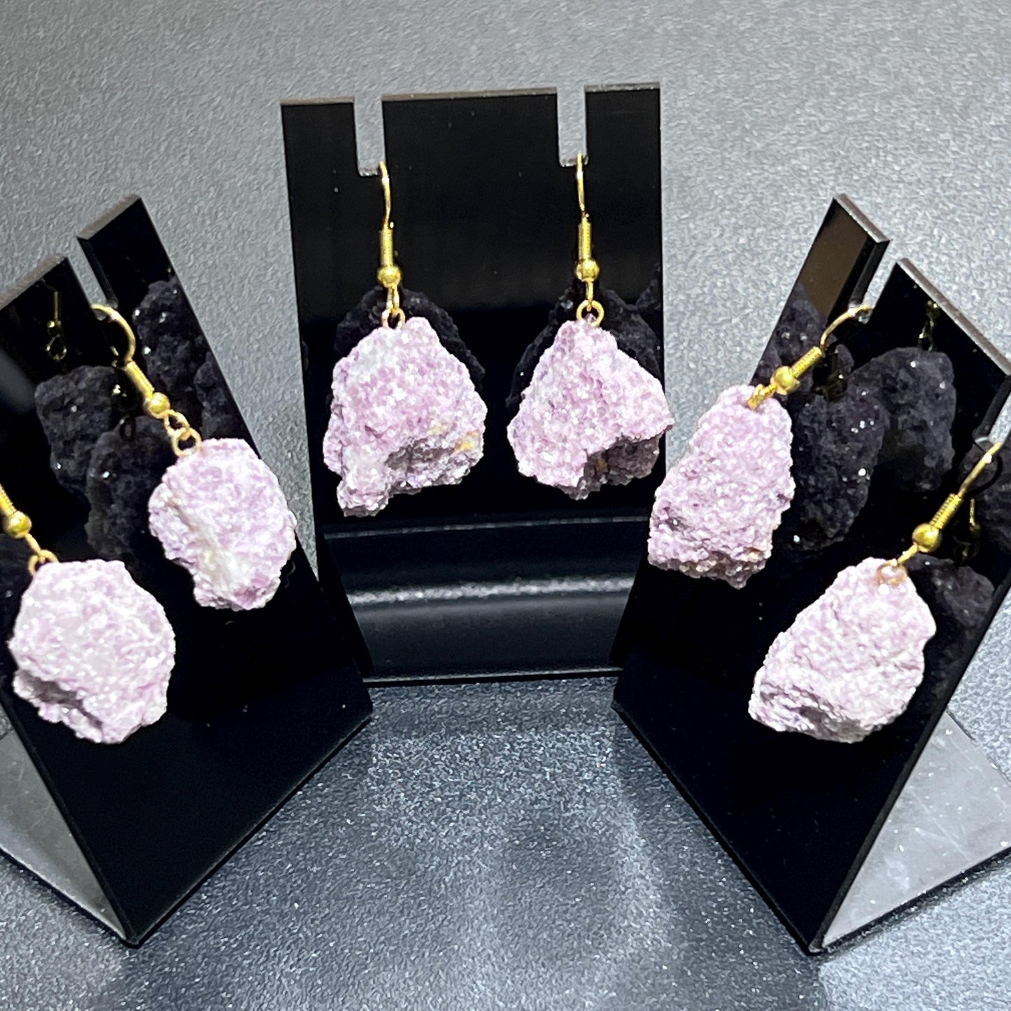 Lilac Lepidolite Raw Crystal Earrings Pair (Gold Stainless Steel Hooks) Amazing Crystals