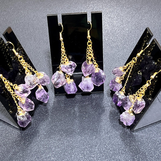 Long Dangle Amethyst Triple Crystal Point Earrings Pair (Gold Plated) Wholesale Amazing Crystals