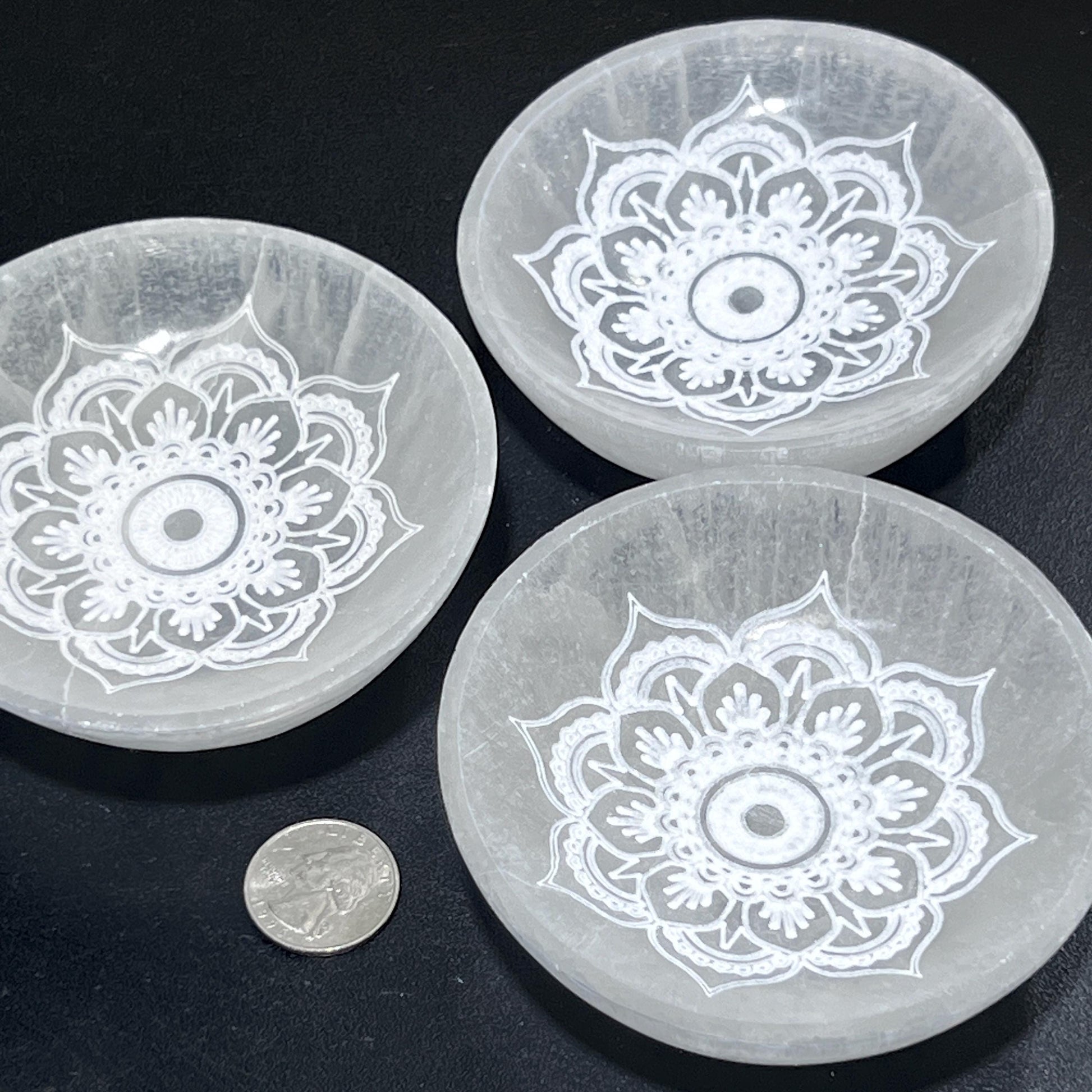 Selenite Crystal Mandala Lotus Engraved Bowl (10cm)(4 Inches) Gemstone Decor Carving Wholesale Supply Amazing Crystals